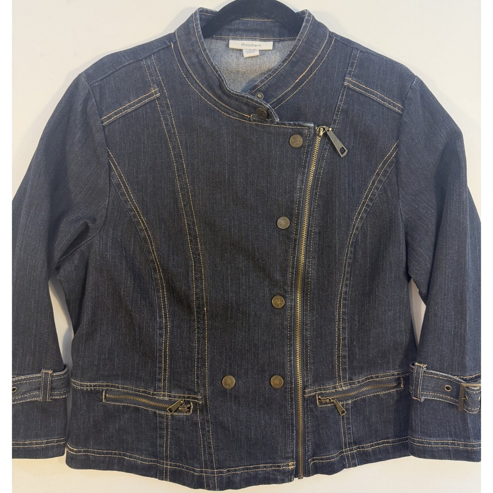 Dressbarn Moto Denim Jacket Womens Large Dark Wash Excellent Zip Buckle 56167